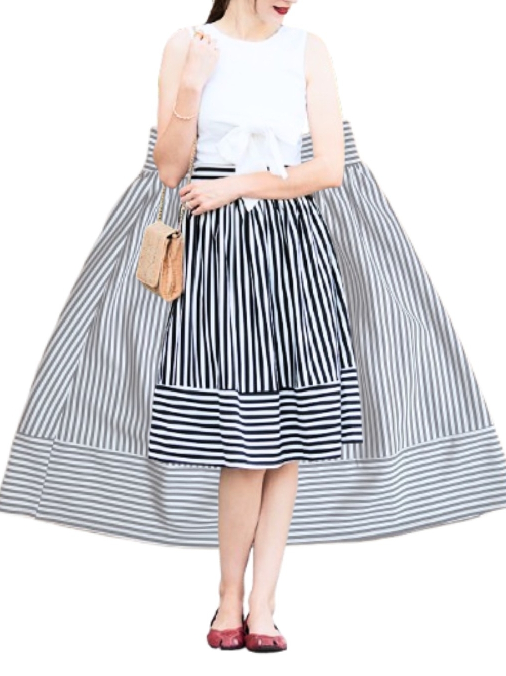 Women's Black and White Striped A-Line Midi Skirt